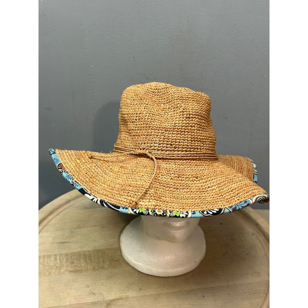 Vera Bradley Straw‎ Sun Hat Tan Woven Raffia Blue Floral Paisley Trim Wide Brim